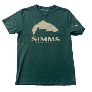Simms Fishing Tee Shirt Mens M Green Wood Trout Graphic Print S/S Yellowstone